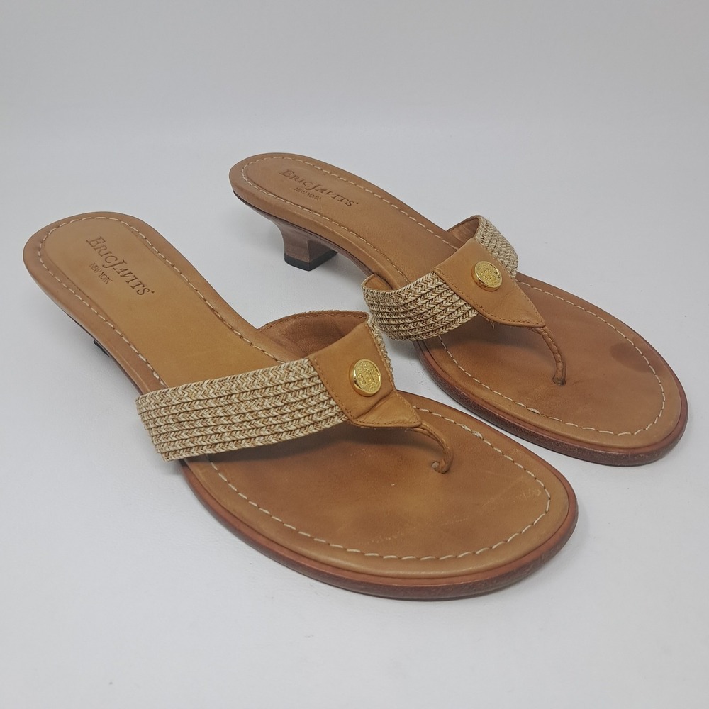 Eric Javits Woven Tan Leather Logo Kitten Heel Dress Sandal Women Sz 7 N Italy